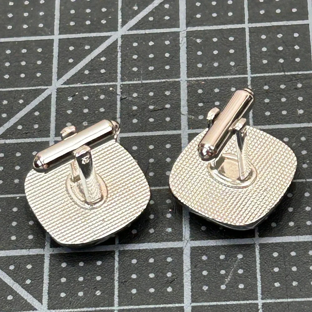 Vintage Hickok‎ USA Cufflinks Silver Tone Square Blue Black Swirl Toggle Back
